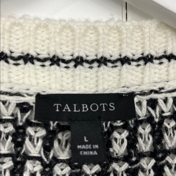 Talbots Womens Mixed Knit Open Front Cardi L Black White Texture Fringe Hemline - Picture 2 of 13